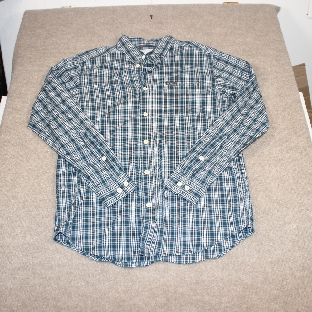 Columbia Mens Small Blue Plaid Long Sleeve Button Down Shirt Outdoor Casual